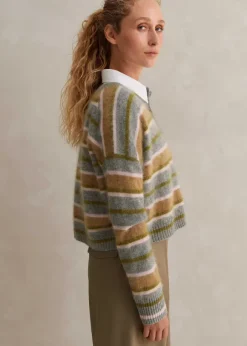 Brushed Cashmere Crew Neck Stripe Cardigan