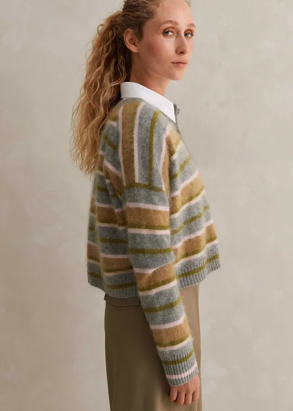 Brushed Cashmere Crew Neck Stripe Cardigan