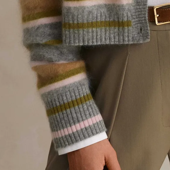 Brushed Cashmere Crew Neck Stripe Cardigan