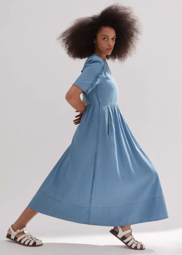 Chambray Relaxed Ruffle Midi Dress