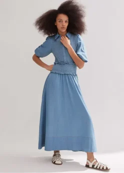 Chambray Shirred Maxi Shirt Dress