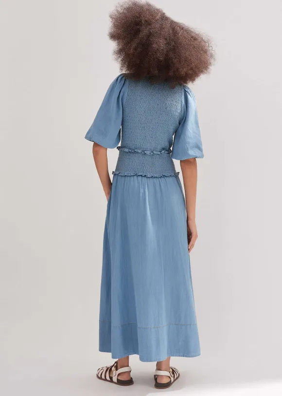 Chambray Shirred Maxi Shirt Dress