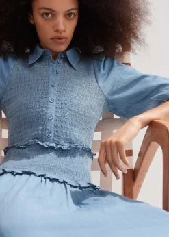Chambray Shirred Maxi Shirt Dress