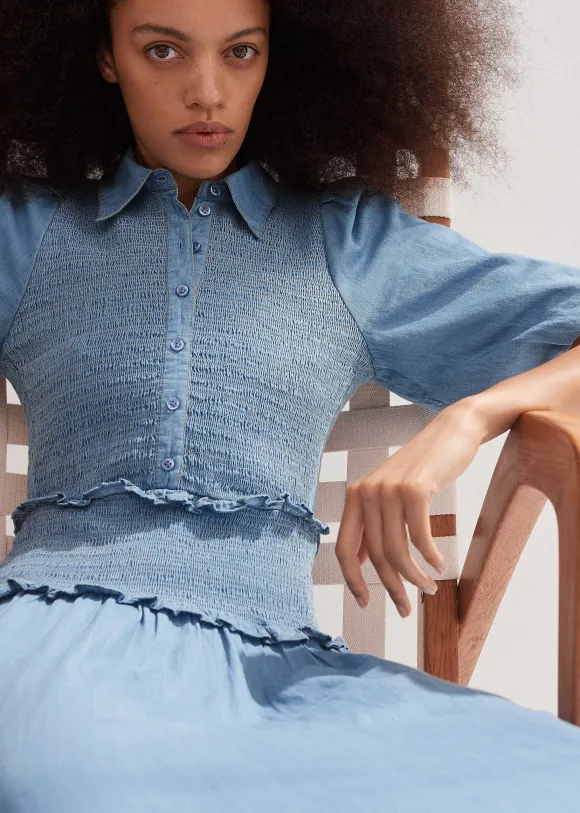Chambray Shirred Maxi Shirt Dress