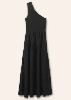 Cheesecloth Shirred One Shoulder Maxi Dress