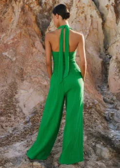 Cheesecloth Shirred Wide-Leg Jumpsuit