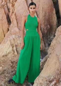 Cheesecloth Shirred Wide-Leg Jumpsuit