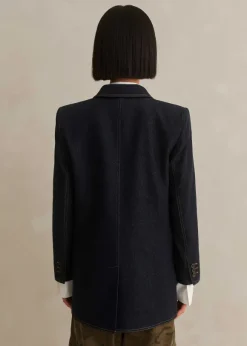 Cotton Blend Denim Sharp Shoulder Blazer