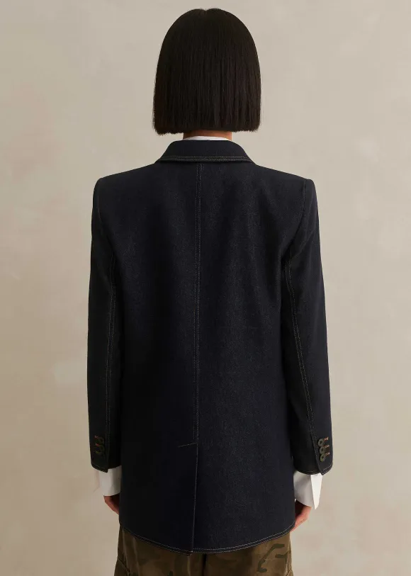 Cotton Blend Denim Sharp Shoulder Blazer