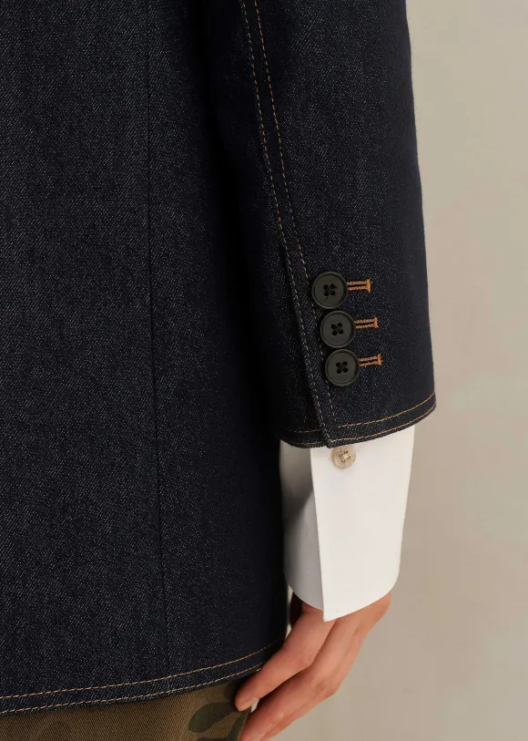 Cotton Blend Denim Sharp Shoulder Blazer