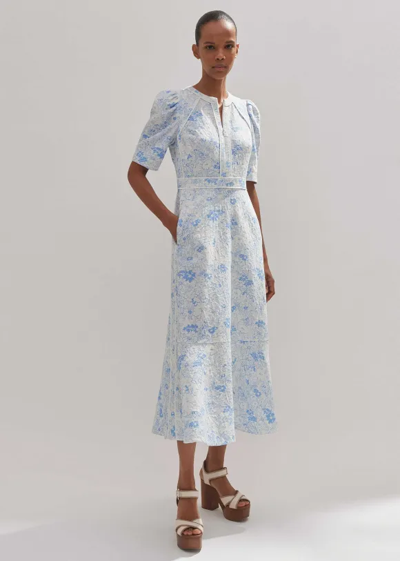 Cotton Jacquard Gardenia Print Maxi Dress