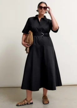 Cotton Sateen Midi Shirt Dress + Belt