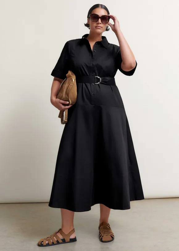 Cotton Sateen Midi Shirt Dress + Belt