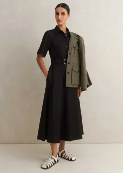 Cotton Sateen Midi Shirt Dress + Belt