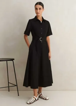 Cotton Sateen Midi Shirt Dress + Belt