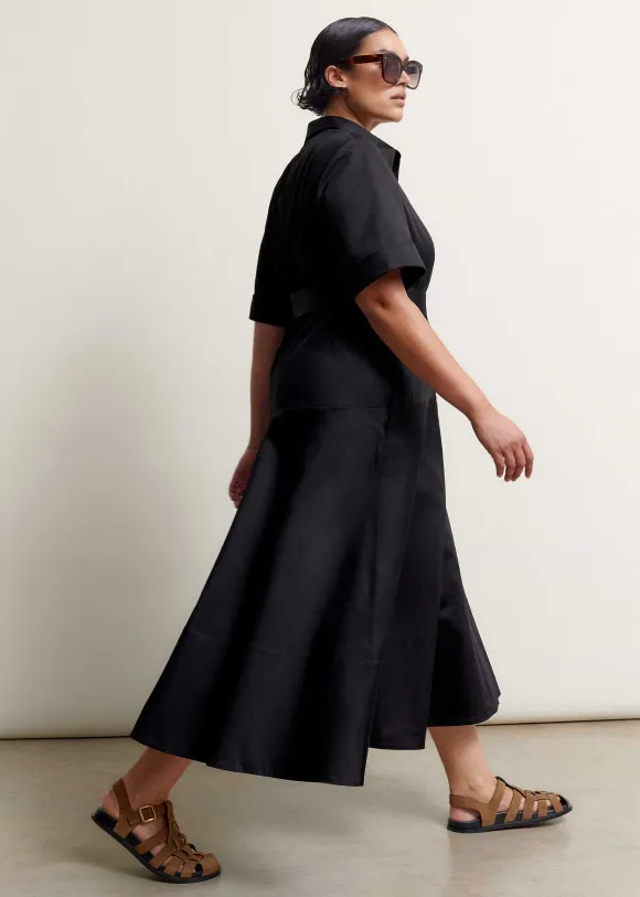 Cotton Sateen Midi Shirt Dress + Belt