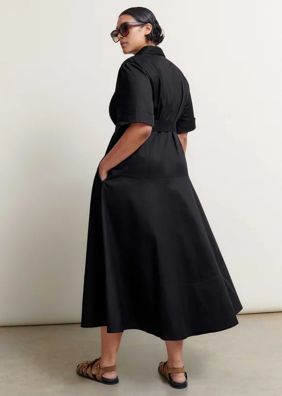 Cotton Sateen Midi Shirt Dress + Belt