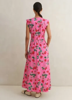 Cotton Sateen Rose Print Maxi Dress