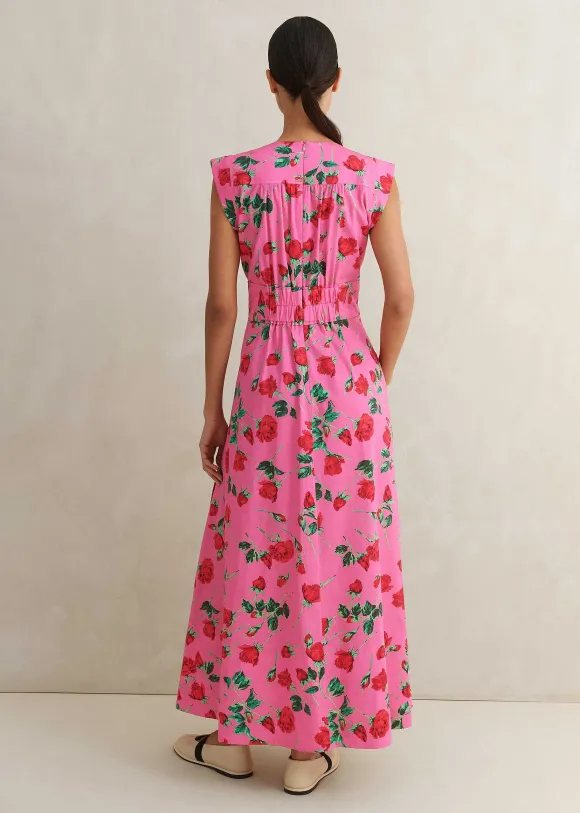 Cotton Sateen Rose Print Maxi Dress