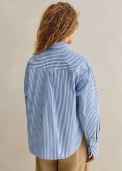 Cotton Stripe Dipped Hem Crop Shirt
