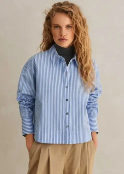 Cotton Stripe Dipped Hem Crop Shirt