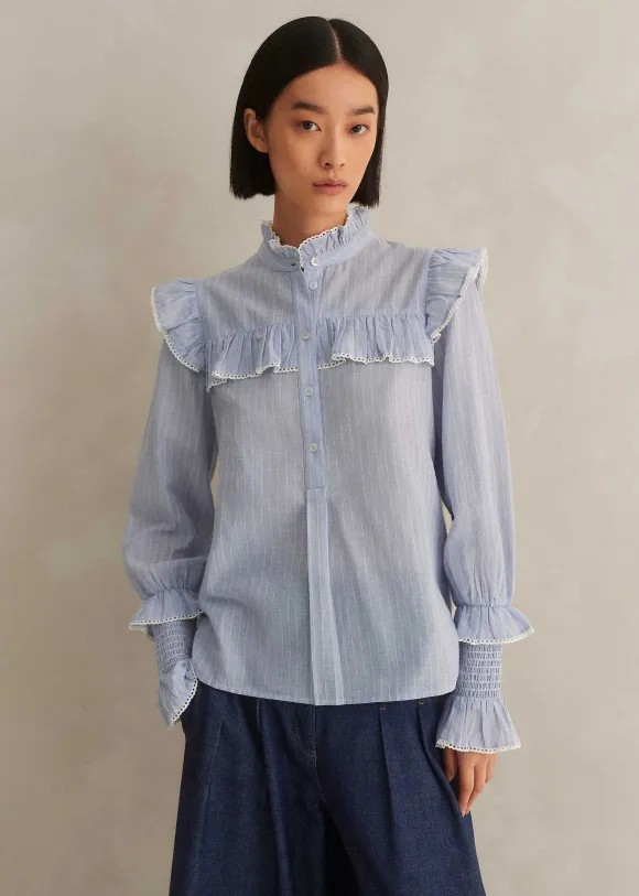 Cotton Voile Stripe Long Sleeve Top