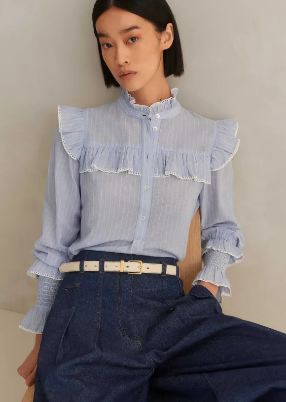 Cotton Voile Stripe Long Sleeve Top