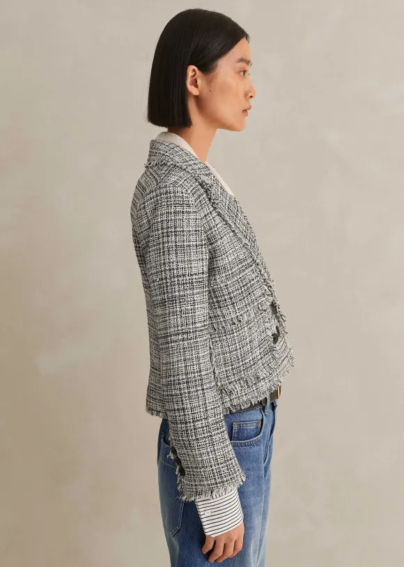 Cotton-Blend Fringe Trim Crop Jacket
