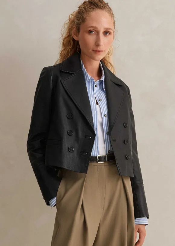 Cropped Leather Military Jacket