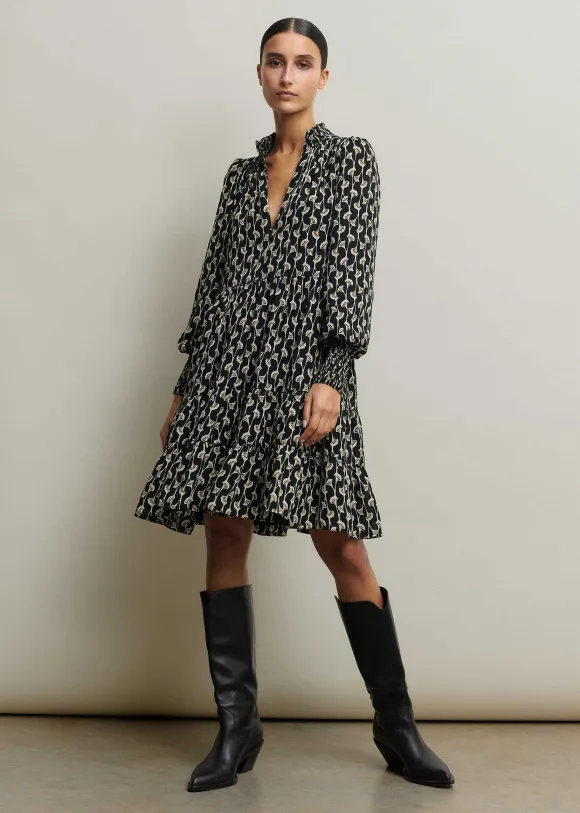 Ginko Leaf Print Short Swing Dress + Belt