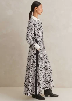 Lace Flower Print Shirt Maxi Dress + Belt
