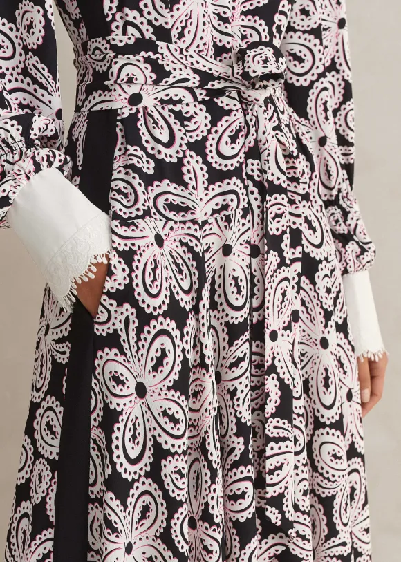 Lace Flower Print Shirt Maxi Dress + Belt