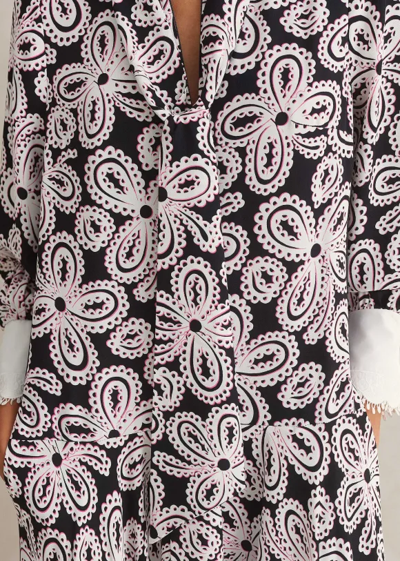 Lace Flower Print Shirt Maxi Dress + Belt
