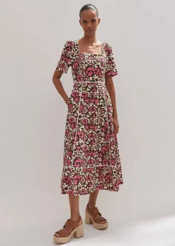 Linen-Blend Baroque Print Midi Dress