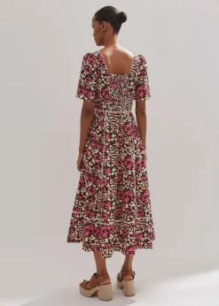 Linen-Blend Baroque Print Midi Dress