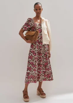 Linen-Blend Baroque Print Midi Dress