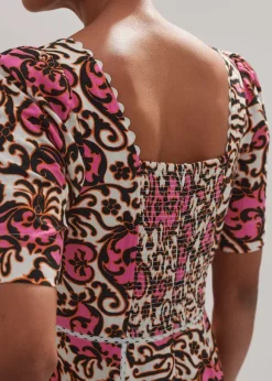 Linen-Blend Baroque Print Midi Dress