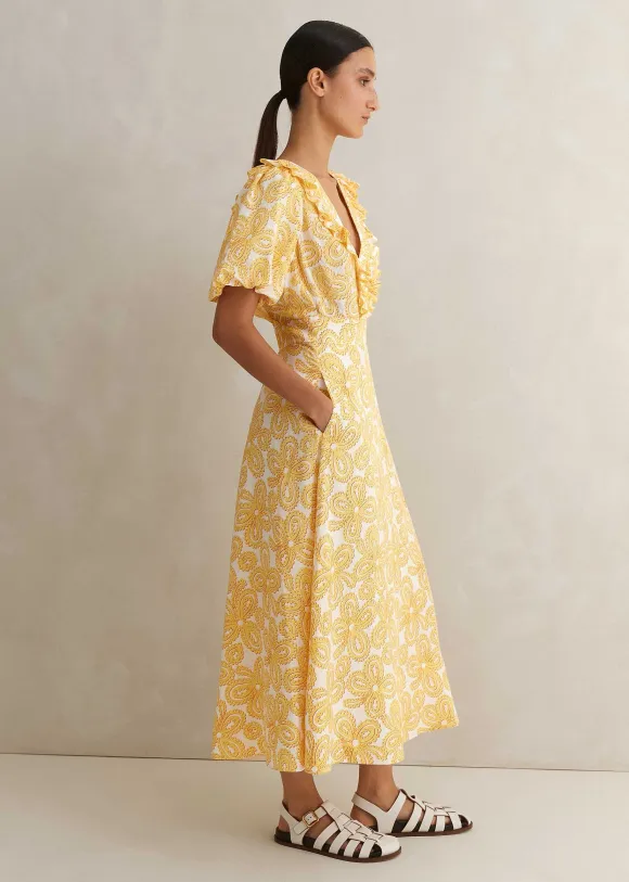 Linen-Blend Lace Print Midi Dress