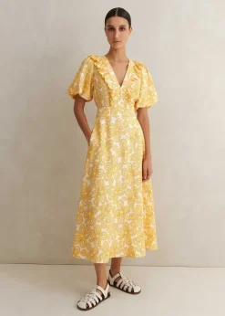 Linen-Blend Lace Print Midi Dress