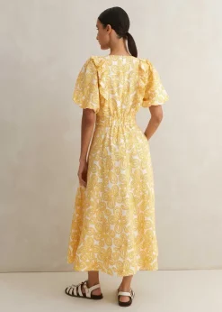 Linen-Blend Lace Print Midi Dress