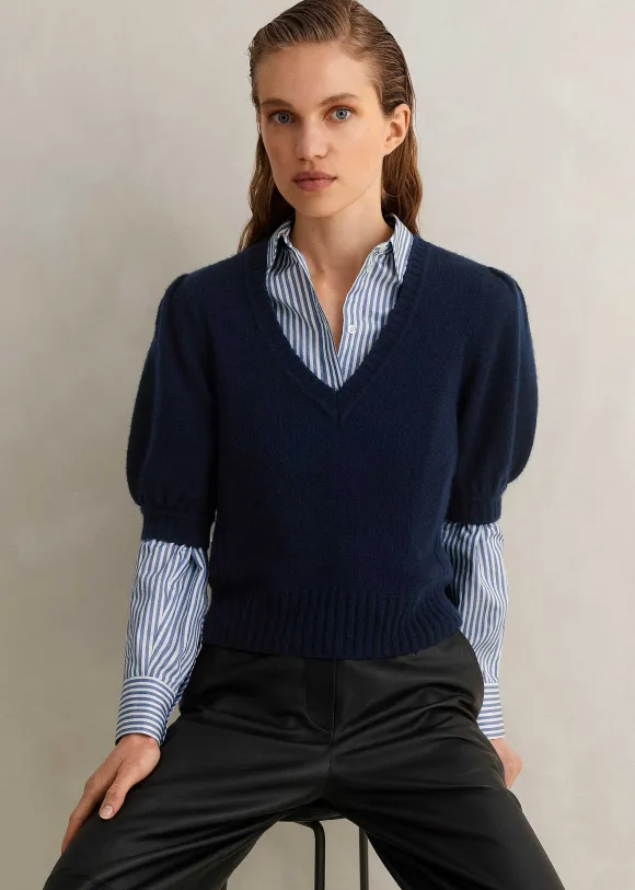 Lofty Wool Cashmere Silk V Neck Pouf Sleeve Tee