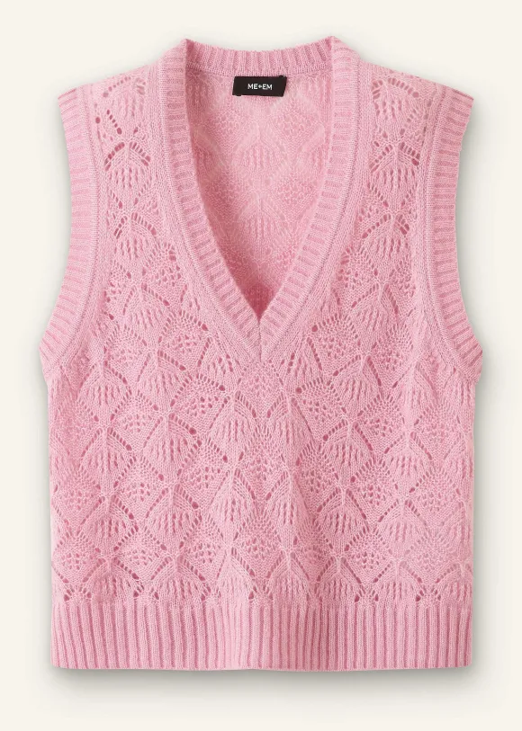 Merino Cashmere Silk Lace Stitch V-Neck Vest