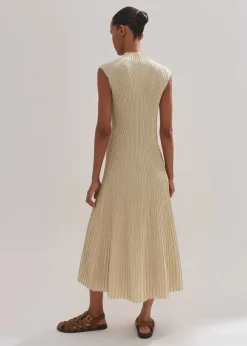 Metallic Rib Knit Cap Sleeve Midi Dress