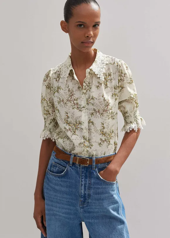 Shadow Berry Print Embroidered Collar Blouse