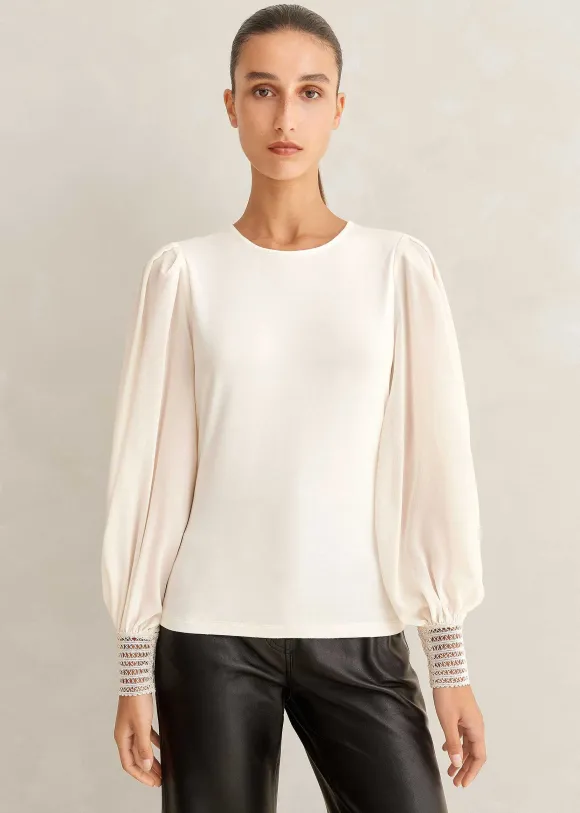 Sheer Sleeve Crew Neck Layering Top