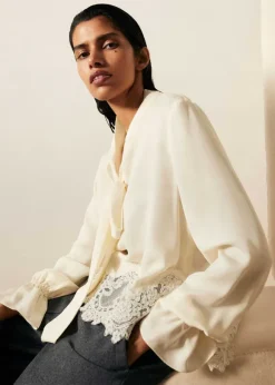 Silk + Lace Cropped Pussybow Blouse