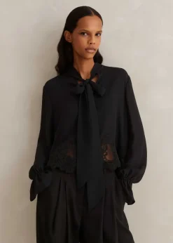 Silk + Lace Cropped Pussybow Blouse