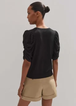 Silk Button-Through Pouf Sleeve Knit Top