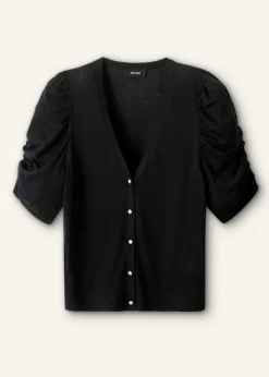 Silk Button-Through Pouf Sleeve Knit Top