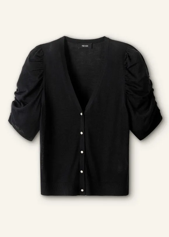 Silk Button-Through Pouf Sleeve Knit Top